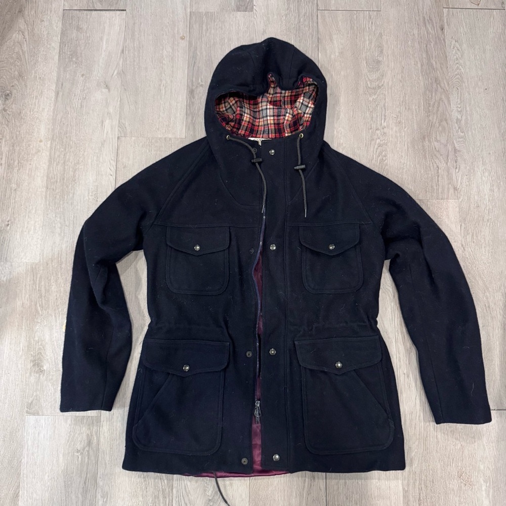 Vtg 70’s Lobo Pendleton Women’s Size 38 Hooded Navy Wool Coat With Plaid Lining - Picture 1 of 6